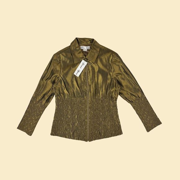 1990s L olive green rhinestone jacket by General Apparel, vintage crinkle jacket - Picture 1 of 8